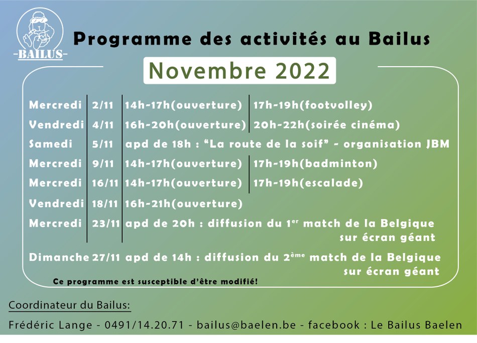 Programme de novembre du Bailus   2022
